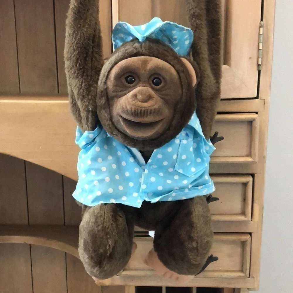 Hosung Monkey Hand Puppet Vintage Squeaker Brown Hanging 1990’s Dressed